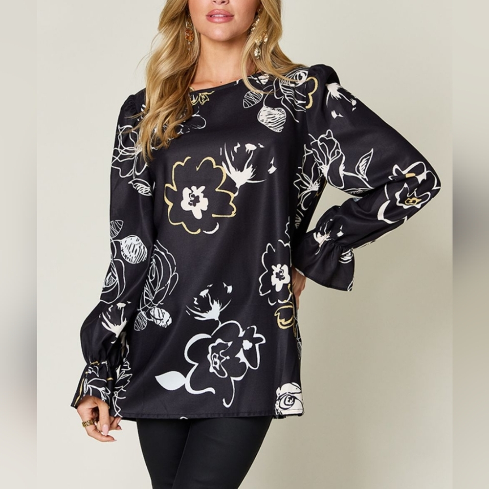 Black Floral Flounce Sleeve Women's Top